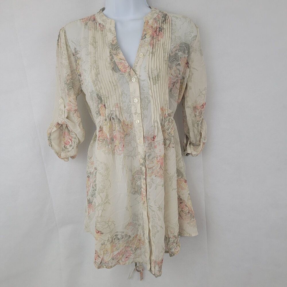 AMERICAN RAG Womens Shirt XS Beige Floral Sheer Romantic Shabby Chic Country